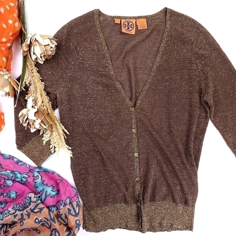 Tory Burch Brown Gold Shimmer Thin Sweater Sz S - Picture 7 of 13